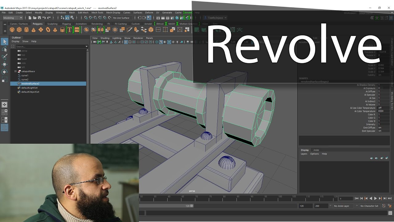 2.6 مايا - آلة شد ذراع المنجنيق الجزء الأول catapult winch modeling - Revolve command